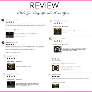 May include: Five-star reviews for gold table numbers and place cards. The reviews highlight the quality of the products and the quick shipping times. The text in the image reads "Make Your Day Special with our Signs".