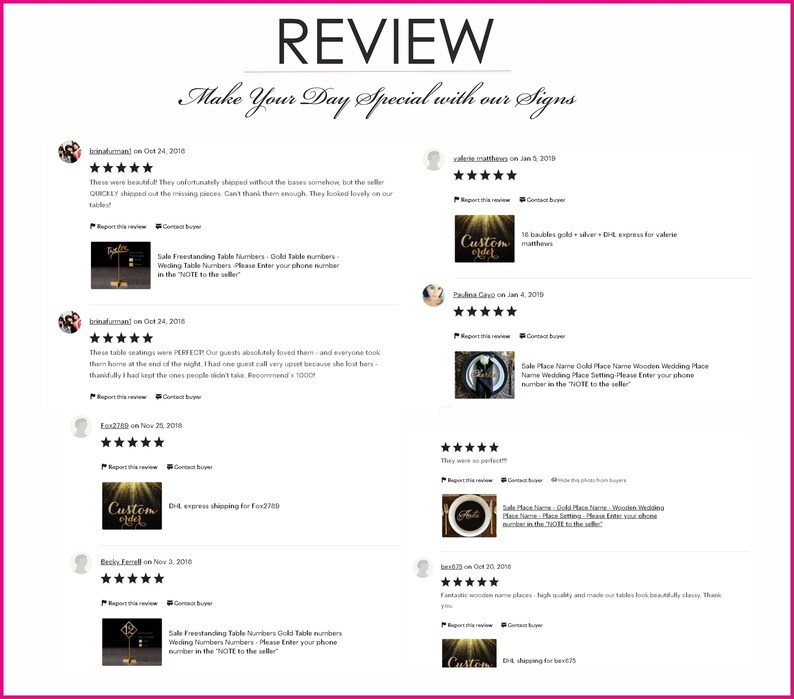 May include: Five-star reviews for gold table numbers and place cards. The reviews highlight the quality of the products and the quick shipping times. The text in the image reads "Make Your Day Special with our Signs".