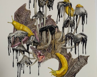 May include: A black and brown bat with its mouth open, surrounded by black mushrooms with dripping black liquid. Two yellow slugs are also present, one on the bat's wing and one on the mushrooms.