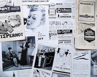 Vintage franska tidningsannonser från 1930-talet - Collage, Utklipp, Scrapbooking, Dekoration, Samling, Inramning
