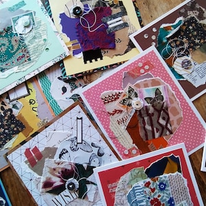 Peut inclure: Plusieurs cartes de vœux faites à la main avec un style collage. Chaque carte présente du papier déchiré, des morceaux de tissu et des éléments décoratifs comme des boutons et des timbres. La palette de couleurs comprend le turquoise, le rose, le rouge et le marron, avec des motifs de papillons et de fleurs.