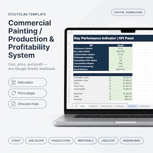 May include: A digital template for commercial painting production and profitability displayed on a laptop screen. The interface shows a Key Performance Indicator panel with columns for metrics and results, plus navigation tabs for job scope and costs.