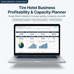 May include: A laptop displaying a Tire Hotel Business Profitability & Capacity Planner Google Sheets template. The screen shows data tables for occupancy, revenue, and profit, alongside a pie chart and bar graphs for business analysis metrics.