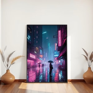 Plakat cyfrowy Rainy Neon Metropolis – Cyberpunk City Wall Art, Futurystyczny wydruk nocny, Oniryczny wystrój miejski, Natychmiastowe pobieranie