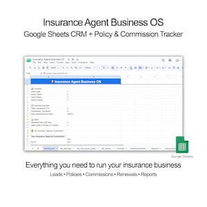 May include: A digital Insurance Agent Business OS template for Google Sheets, featuring a dashboard with sections for leads, active clients, policies, financial summaries, commissions, and alerts, including a Google Sheets logo icon.