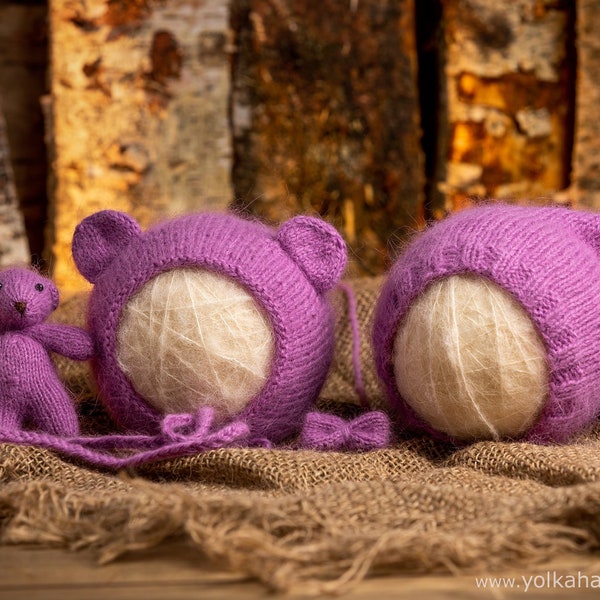 Newborn bear bonnet and toy, sleepy cap and bow tieback, newborn photo props, baby girl, baby boy