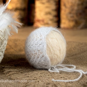 Angora light grey newborn bonnet - newborn girl, newborn photo prop, handmade, knitted