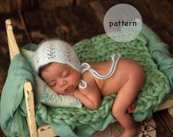 Newborn angora lace bonnet knitting pattern PDF - newborn photography prop pattern