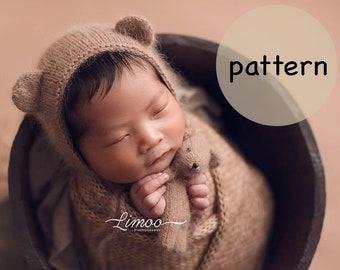 Newborn bear bonnet knitting pattern PDF - newborn photography prop