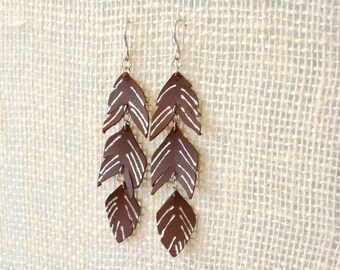 Feather earrings in leather and metallic foil