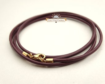 Bracelet en cuir rond mauve - 4 à 5 tours - or fin