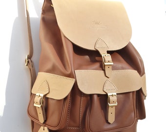 Backpack in leather "WAROUDEUR" natural and brown