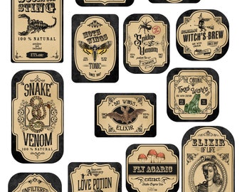 May include: Twelve vintage-style potion bottle labels with black backgrounds and beige borders. Each label features a different potion name, ingredient, and illustration, such as a scorpion, a bat, a spider, and a toad. The labels are perfect for adding a spooky touch to your Halloween decorations or crafts.