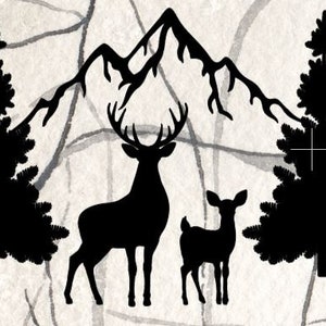 Buck and Fawn With Mountain and Trees Vinyl Decal -