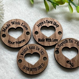 Custom 1&quot; Finished Wood Buttons / Product Tags For Knitters, Sewers, Etc. With Heart Cutout