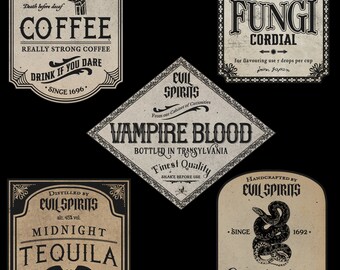 May include: A selection of vintage-style labels with a gothic theme. The labels feature text such as "Killer Coffee," "Fungi Cordial," "Vampire Blood," "Midnight Tequila," and "Snakebite Tonic." Each label has unique illustrations and decorative borders.