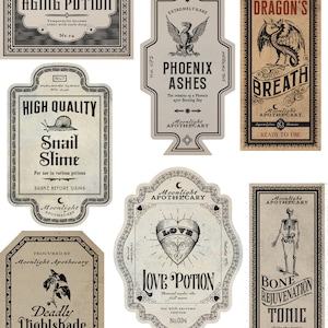 May include: Nine vintage potion bottle labels with black and white illustrations and text. The labels are on a beige background and feature names like "Aging Potion", "Phoenix Ashes", "Dragon's Breath", "Snail Slime", "Love Potion", "Deadly Nightshade", and "Bone Rejuvenation Tonic".