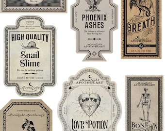 May include: Nine vintage potion bottle labels with black and white illustrations and text. The labels are on a beige background and feature names like "Aging Potion", "Phoenix Ashes", "Dragon's Breath", "Snail Slime", "Love Potion", "Deadly Nightshade", and "Bone Rejuvenation Tonic".