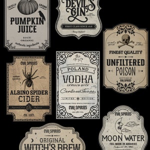 May include: Nine vintage-style bottle labels with spooky Halloween themes. The labels feature illustrations of a pumpkin, spider, skull and crossbones, moon, and a witch's cauldron. The labels have text that reads "Evil Spirits", "Pumpkin Juice", "Devil's Gin", "Albino Spider Cider", "Unfiltered Poison", "Original Witch's Brew", and "Moon Water".