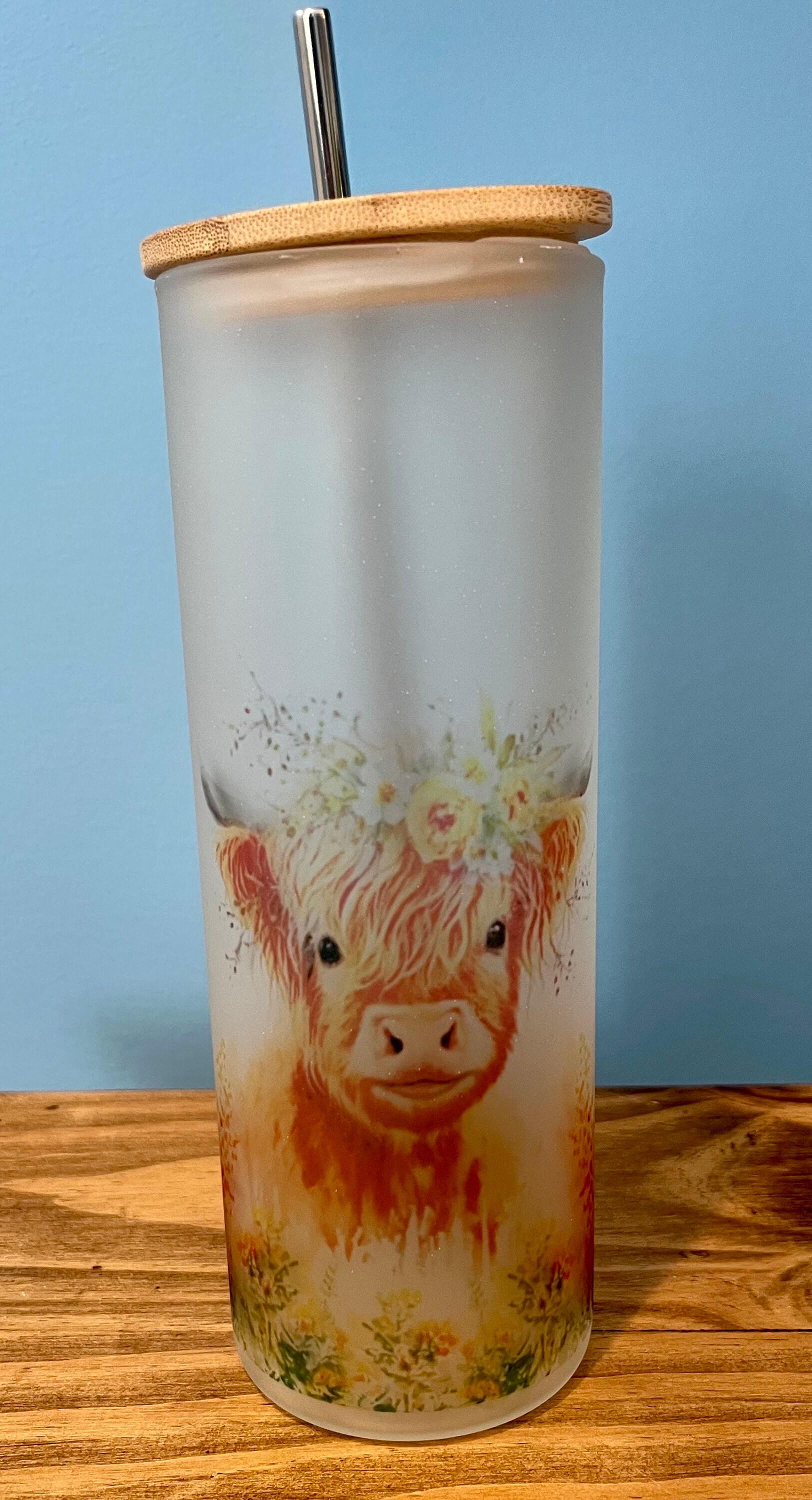 Funny Cow “Sarcasm” Frosted Glass Tumbler w/Bamboo Lid & Straw