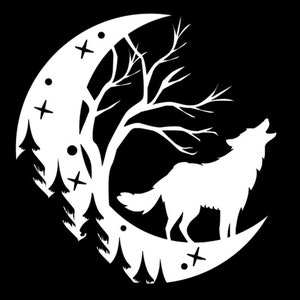 May include: A black and white silhouette of a wolf howling at the moon, with a tree and pine trees in the background.