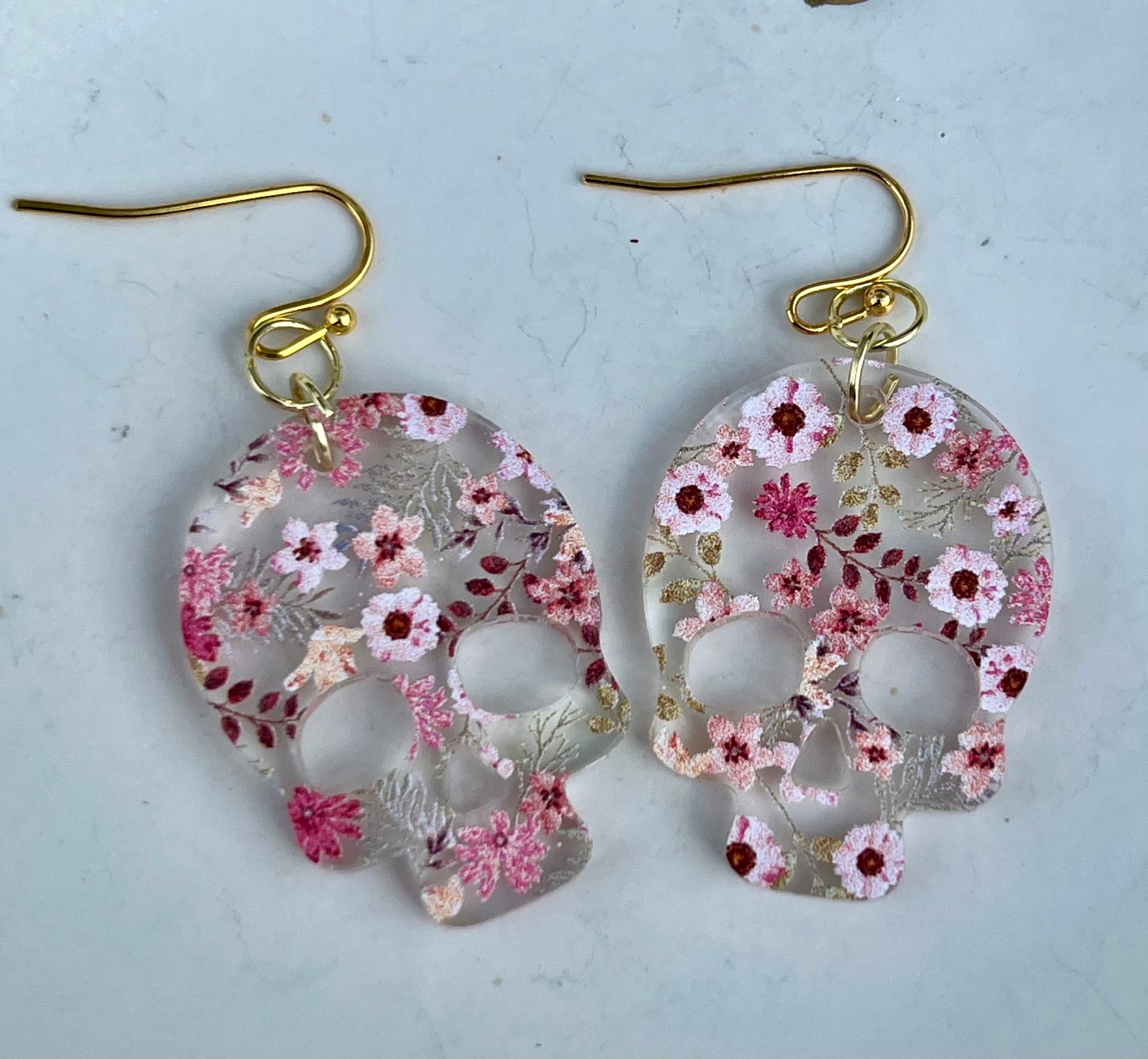 Acrylic Pink Floral Skull Earrings