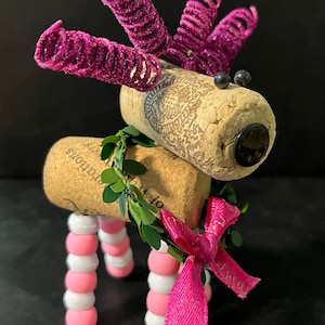 Wine Cork Deer / Reindeer - Pink And White With Wreath