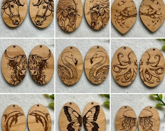 Engraved Wood Earring Blank - Horse, Rooster, Crab, Highland Cow, Flamingo, Octopus, Dolphin, Butterfly, Jellyfish