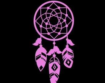May include: A pink dreamcatcher with three feathers hanging from it. The dreamcatcher has a circular frame with a web-like design and beads around the edge.