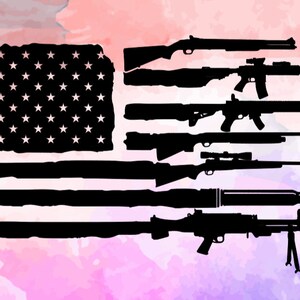 May include: A black and white silhouette of an American flag with a variety of guns superimposed on the stripes. The background is a watercolor wash of pink, purple, and blue.