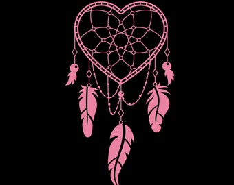 May include: A pink heart-shaped dreamcatcher with feathers hanging from the bottom. The dreamcatcher has a beaded border and a web-like design.