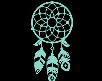 May include: A teal blue dreamcatcher with three feathers hanging from it. The feathers have geometric patterns.