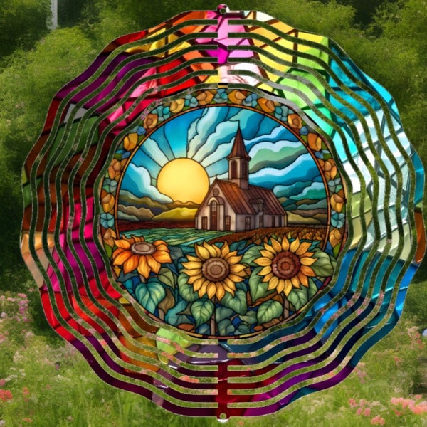 Ready To Press Sublimation Sheet for Windspinners - Stained Glass Church With Sunflowers