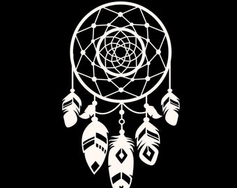 May include: White dreamcatcher with a circular web design and five white feathers hanging from the bottom.