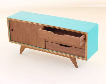 Color sideboard in plywood and walnut. Handmade in 1:12 scale - Ideal for miniature enthusiast and collectors