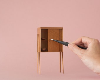 Mid century high cabinet miniature in cherry wood. Handmade in 1:12 scale - ideal for design lovers and dollhouses collectors