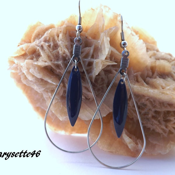 Boucles d'oreilles au pendentif goutte et perle goutte et au sequin navette laiton marine avec apprêts en acier inoxydable