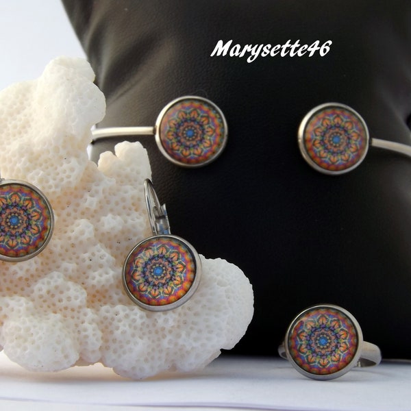Parure en acier inoxydable: bracelet,boucles d'oreilles et bague à cabochon de verre dôme de 12mm esprit mandala multicolore