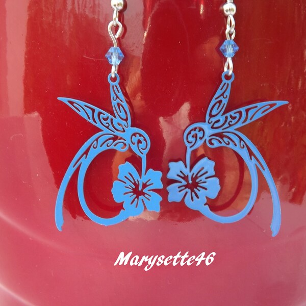 Boucles d'oreilles à estampe bleue colibri et sa fleur d'hibiscus, perle toupie cristal Swarovski avec apprêts en acier inoxydable