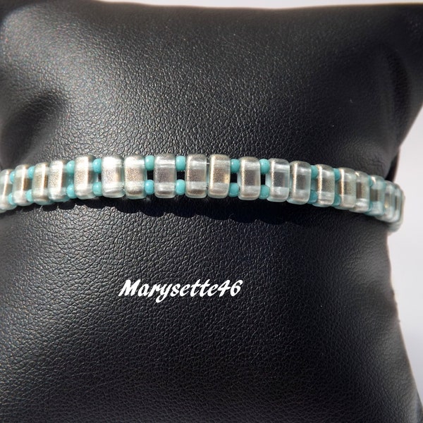 Bracelet en acier inoxydable à mémoire de forme en double rang à perles Czechmates brick à 2 trous Limen Halo et rocaille bleu canard
