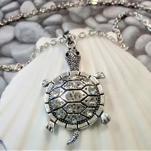 Strass Silber Sea Turtle Anhänger Halskette. Damen Schildkröte Halskette, Meer Anhänger Halskette, Strand Halskette, Schildkröte-Liebhaber Schmuck