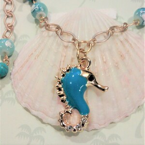 Gold Plated Turquoise Bead SeaHorse Necklace, Sea Pendant Necklace, Beach Necklace, SeaHorse Necklace, Statement Necklace, Tropical Jewelry
