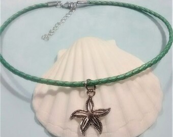 Sea Green Leather Starfish Choker Necklace, Starfish Necklace, Surfer Choker Necklace, Beach Choker,  Sea Charm Pendant Necklace