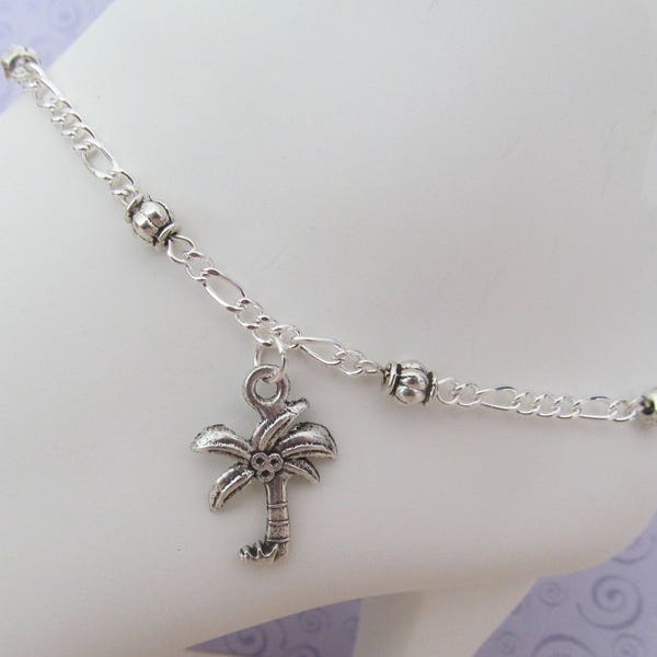 Silver Beaded Sea Charm Anklet, Palm Tree Anklet, Seashell Anklet, Beach Anklet, Mermaid Anklet, Resort Anklet, Tropical Anklet