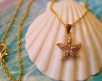 Collier pendentif étoile de mer en strass doré, collier étoile de mer, collier de mariage sur la plage. Collier à pendentif coquillage, cadeau étoile de mer pour demoiselles d'honneur