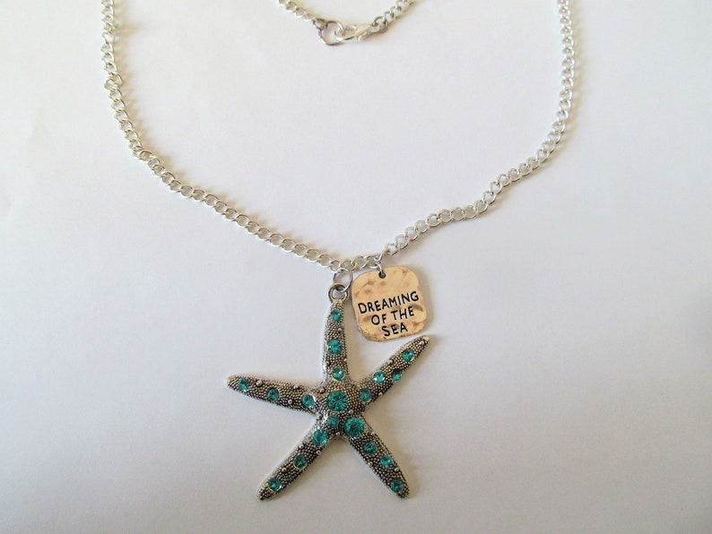Aqua Rhinestone Starfish Necklace, Sea Pendant Necklace, Beach Necklace