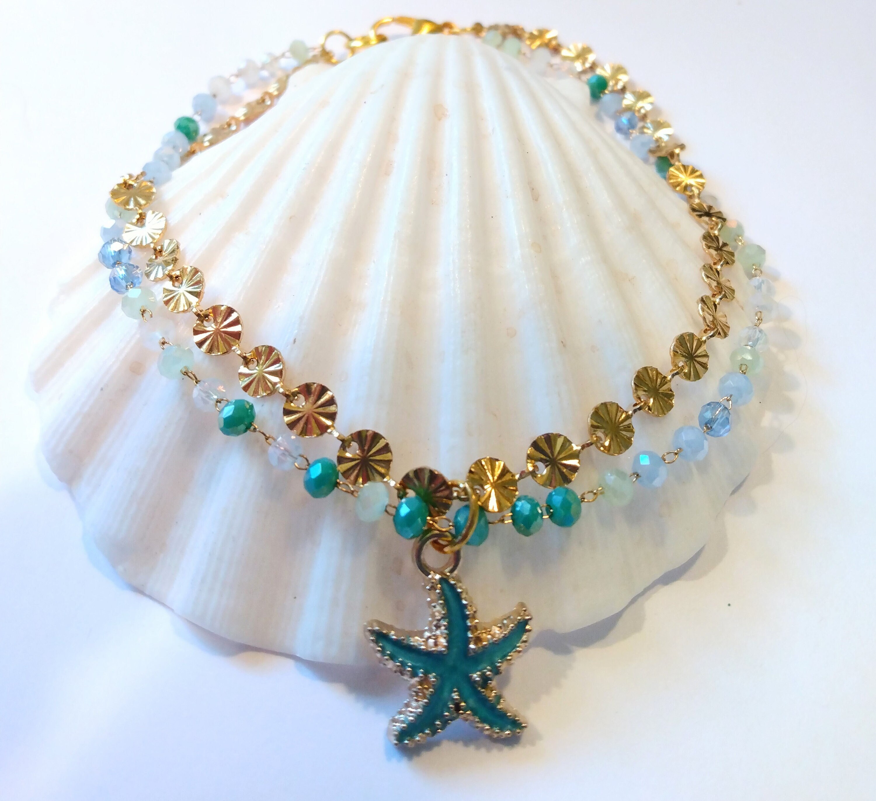 Star And Shell Anklet Bracelet With Natural Stones