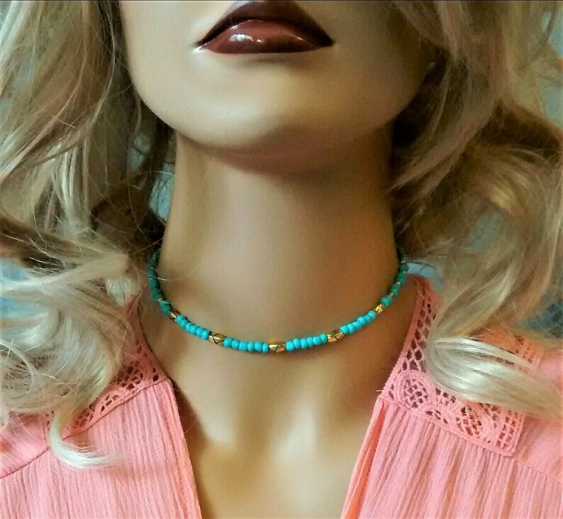 Turquoise Choker Necklace Seed Beaded Choker Necklace Boho Etsy