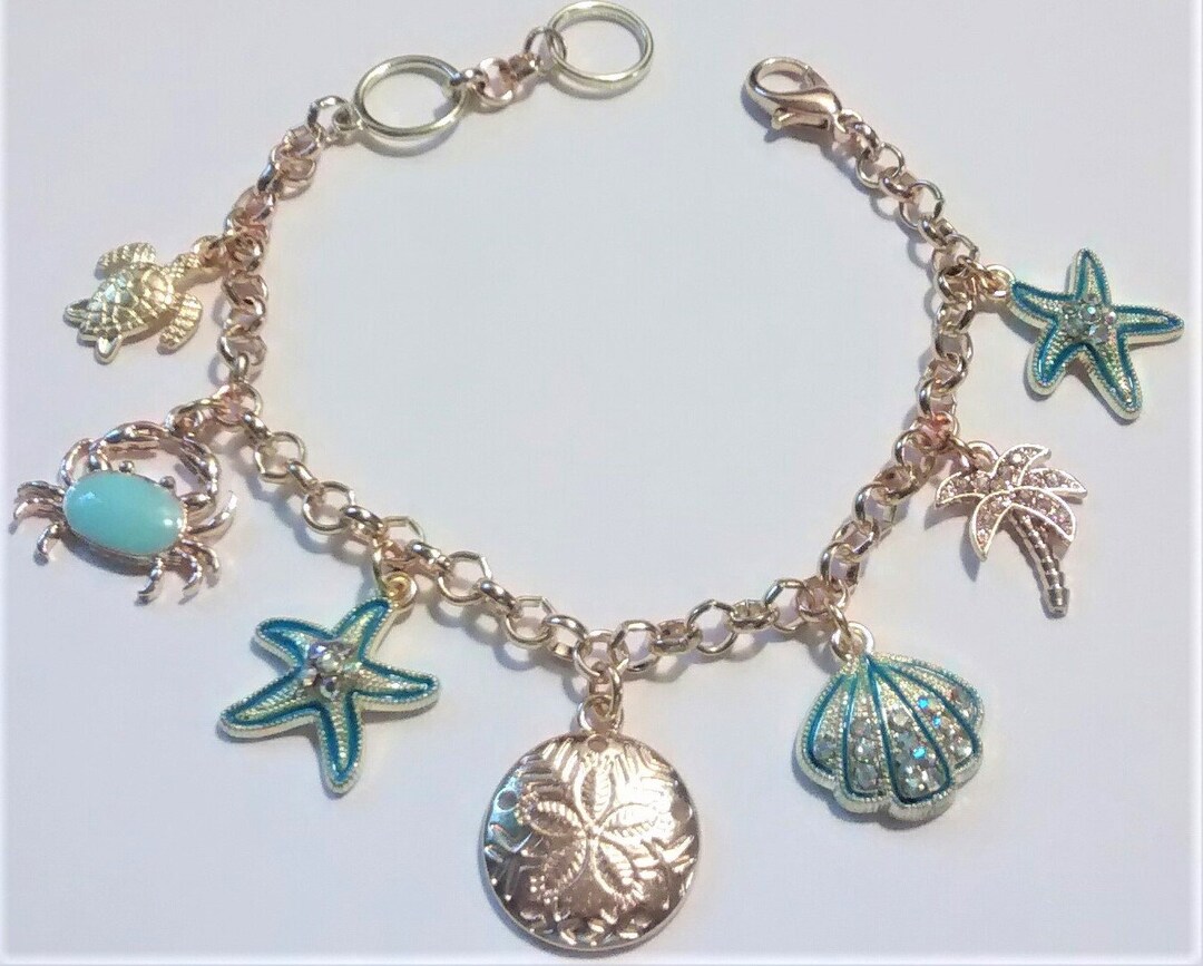 Gold and Blue Seashell Charm Bracelet, Gold Plated Sea Charm Bracelet, Beach Bracelet, Seashell ...