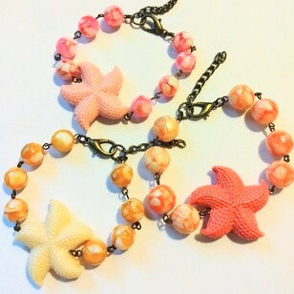 Starfish Bracelet, Starfish & Seashell Chip Bead Bracelet, Beach Bracelet, Colorful Tropical Bracelet , Seashell Bracelet,Lady Starfish Gift